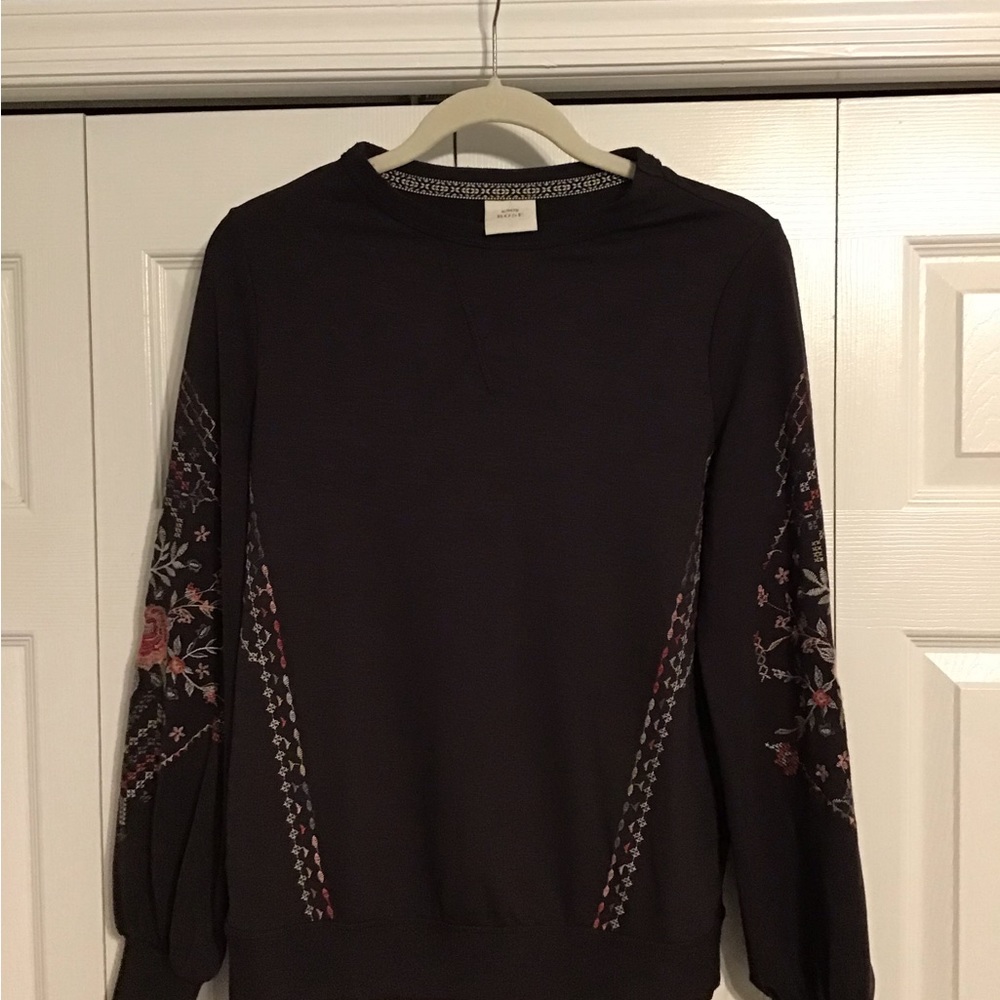 Knox Rose Embroidered Brown Pull Over Lightweight Sweatshirt Floral Print Size S